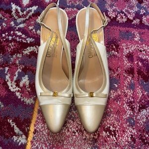 Salvatore Ferragamo Ivory/Cream Pointed-Toe Slingback Heels with Bow